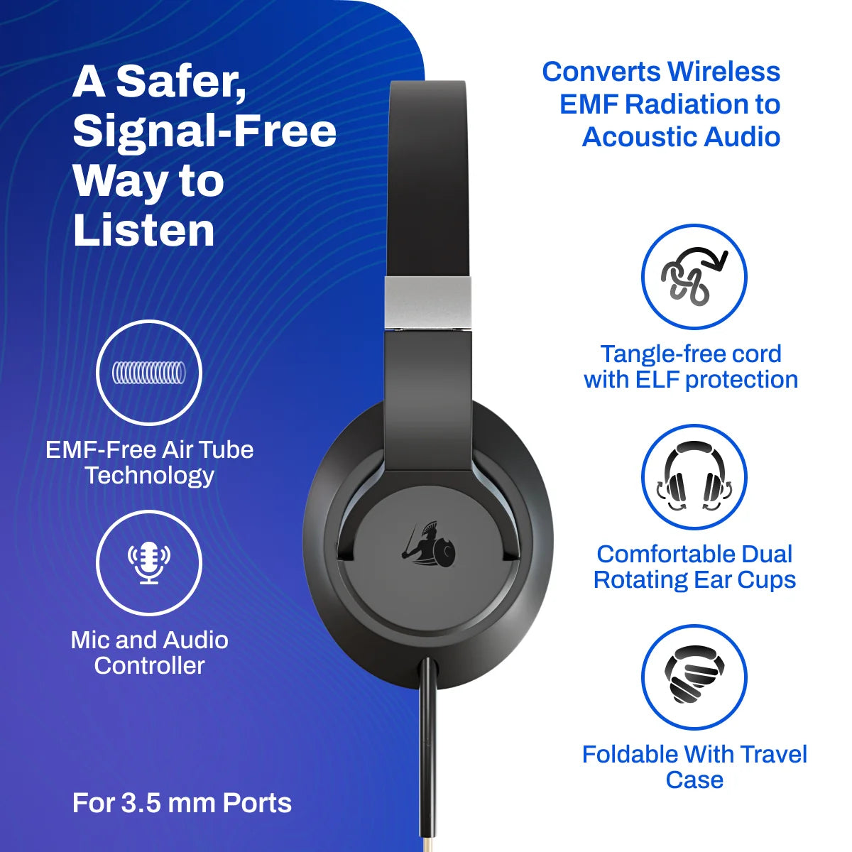 EMF Radiation-Free Air Tube Over-Ear Headphones with Built-In Mic and Full-Range Stereo Sound