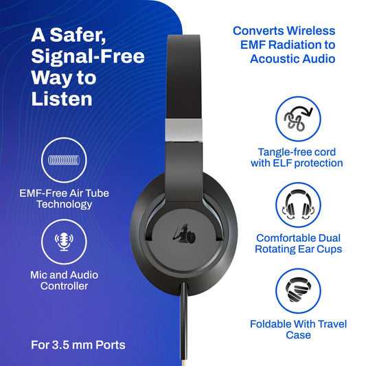 EMF Radiation-Free Air Tube Over-Ear Headphones with Built-In Mic and Full-Range Stereo Sound